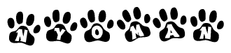 The image shows a series of animal paw prints arranged in a horizontal line. Each paw print contains a letter, and together they spell out the word Nyoman.