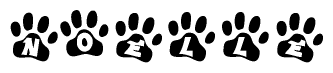 The image shows a series of animal paw prints arranged in a horizontal line. Each paw print contains a letter, and together they spell out the word Noelle.