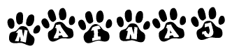 The image shows a row of animal paw prints, each containing a letter. The letters spell out the word Nainaj within the paw prints.