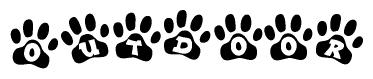 The image shows a series of animal paw prints arranged in a horizontal line. Each paw print contains a letter, and together they spell out the word Outdoor.