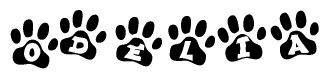 The image shows a row of animal paw prints, each containing a letter. The letters spell out the word Odelia within the paw prints.