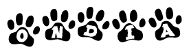 The image shows a row of animal paw prints, each containing a letter. The letters spell out the word Ondia within the paw prints.