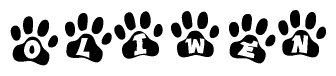 The image shows a row of animal paw prints, each containing a letter. The letters spell out the word Oliwen within the paw prints.