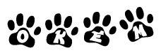 The image shows a series of animal paw prints arranged horizontally. Within each paw print, there's a letter; together they spell Okem