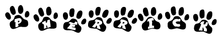 The image shows a series of animal paw prints arranged in a horizontal line. Each paw print contains a letter, and together they spell out the word Pherrick.