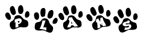 The image shows a series of animal paw prints arranged horizontally. Within each paw print, there's a letter; together they spell Plams