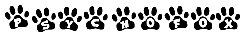 The image shows a row of animal paw prints, each containing a letter. The letters spell out the word Psychofox within the paw prints.