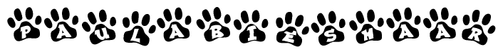 The image shows a series of animal paw prints arranged in a horizontal line. Each paw print contains a letter, and together they spell out the word Paulabieshaar.