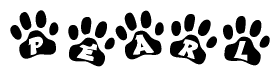 The image shows a series of animal paw prints arranged in a horizontal line. Each paw print contains a letter, and together they spell out the word Pearl.