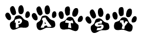 The image shows a series of animal paw prints arranged in a horizontal line. Each paw print contains a letter, and together they spell out the word Patsy.