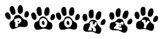 The image shows a row of animal paw prints, each containing a letter. The letters spell out the word Pookey within the paw prints.