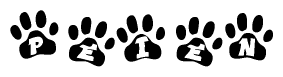 The image shows a series of animal paw prints arranged horizontally. Within each paw print, there's a letter; together they spell Peien
