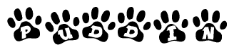 The image shows a series of animal paw prints arranged horizontally. Within each paw print, there's a letter; together they spell Puddin
