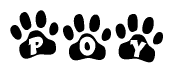 The image shows a series of animal paw prints arranged in a horizontal line. Each paw print contains a letter, and together they spell out the word Poy.