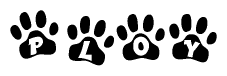 The image shows a series of animal paw prints arranged in a horizontal line. Each paw print contains a letter, and together they spell out the word Ploy.