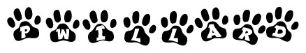 The image shows a series of animal paw prints arranged in a horizontal line. Each paw print contains a letter, and together they spell out the word Pwillard.