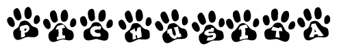 The image shows a series of animal paw prints arranged in a horizontal line. Each paw print contains a letter, and together they spell out the word Pichusita.