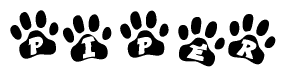 The image shows a row of animal paw prints, each containing a letter. The letters spell out the word Piper within the paw prints.