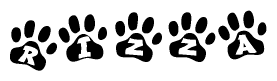 The image shows a row of animal paw prints, each containing a letter. The letters spell out the word Rizza within the paw prints.
