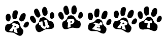 The image shows a row of animal paw prints, each containing a letter. The letters spell out the word Rupert within the paw prints.