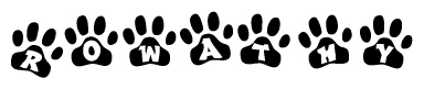 The image shows a series of animal paw prints arranged in a horizontal line. Each paw print contains a letter, and together they spell out the word Rowathy.