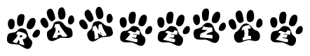 The image shows a row of animal paw prints, each containing a letter. The letters spell out the word Rameezie within the paw prints.