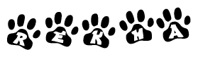 The image shows a row of animal paw prints, each containing a letter. The letters spell out the word Rekha within the paw prints.