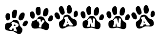 The image shows a series of animal paw prints arranged horizontally. Within each paw print, there's a letter; together they spell Ryanna
