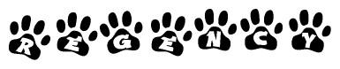 The image shows a series of animal paw prints arranged horizontally. Within each paw print, there's a letter; together they spell Regency