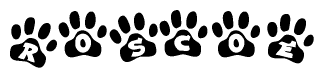 The image shows a series of animal paw prints arranged in a horizontal line. Each paw print contains a letter, and together they spell out the word Roscoe.