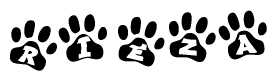 The image shows a row of animal paw prints, each containing a letter. The letters spell out the word Rieza within the paw prints.