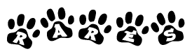 The image shows a series of animal paw prints arranged in a horizontal line. Each paw print contains a letter, and together they spell out the word Rares.