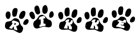 The image shows a series of animal paw prints arranged horizontally. Within each paw print, there's a letter; together they spell Rikke