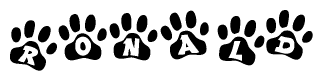 The image shows a row of animal paw prints, each containing a letter. The letters spell out the word Ronald within the paw prints.
