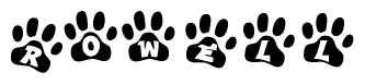 The image shows a row of animal paw prints, each containing a letter. The letters spell out the word Rowell within the paw prints.