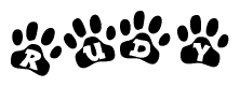 The image shows a series of animal paw prints arranged horizontally. Within each paw print, there's a letter; together they spell Rudy