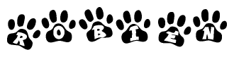 The image shows a series of animal paw prints arranged horizontally. Within each paw print, there's a letter; together they spell Robien