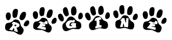 The image shows a series of animal paw prints arranged horizontally. Within each paw print, there's a letter; together they spell Regine