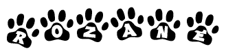 The image shows a row of animal paw prints, each containing a letter. The letters spell out the word Rozane within the paw prints.