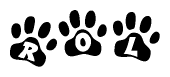 The image shows a row of animal paw prints, each containing a letter. The letters spell out the word Rol within the paw prints.