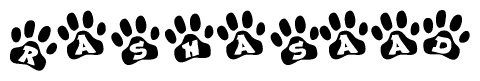 The image shows a row of animal paw prints, each containing a letter. The letters spell out the word Rashasaad within the paw prints.