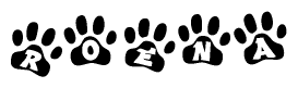 The image shows a row of animal paw prints, each containing a letter. The letters spell out the word Roena within the paw prints.