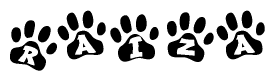 The image shows a series of animal paw prints arranged in a horizontal line. Each paw print contains a letter, and together they spell out the word Raiza.