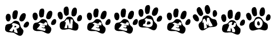 The image shows a row of animal paw prints, each containing a letter. The letters spell out the word Reneedemko within the paw prints.