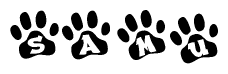 The image shows a series of animal paw prints arranged horizontally. Within each paw print, there's a letter; together they spell Samu