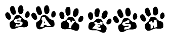 The image shows a row of animal paw prints, each containing a letter. The letters spell out the word Sayesh within the paw prints.