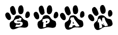 The image shows a series of animal paw prints arranged horizontally. Within each paw print, there's a letter; together they spell Spam