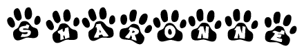 The image shows a series of animal paw prints arranged in a horizontal line. Each paw print contains a letter, and together they spell out the word Sharonne.