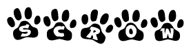 The image shows a series of animal paw prints arranged in a horizontal line. Each paw print contains a letter, and together they spell out the word Scrow.