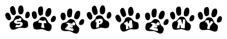 The image shows a series of animal paw prints arranged horizontally. Within each paw print, there's a letter; together they spell Stepheny